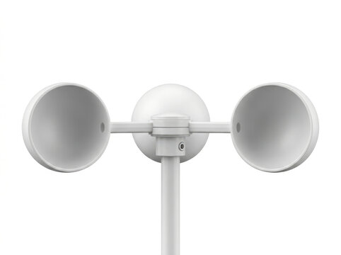 Minimalist white satellite dish with dual parabolic reflectors mounted on a pole.