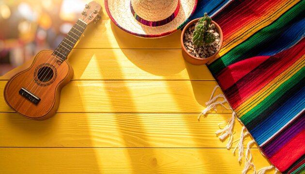 Ukulele, cactus, hat, and colorful Mexican blanket arrangement