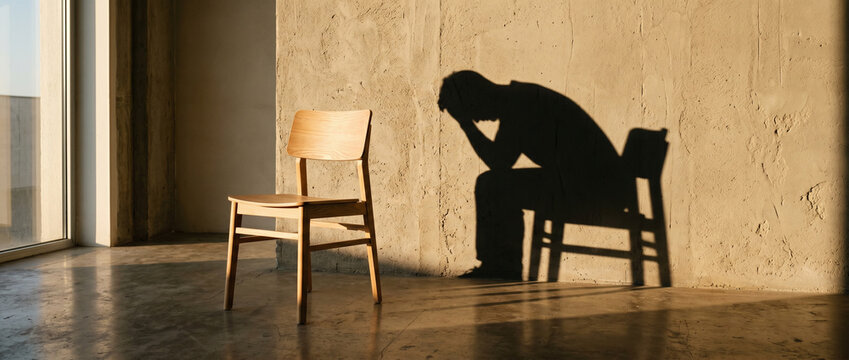 Empty chair casting a shadow of a depressed man holding his head, representing invisible mental illness and deep grief.