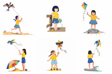 Fototapeta premium Collection of flat illustrations featuring young girls flying colorful kites in various shapes at the beach during summer vacation.