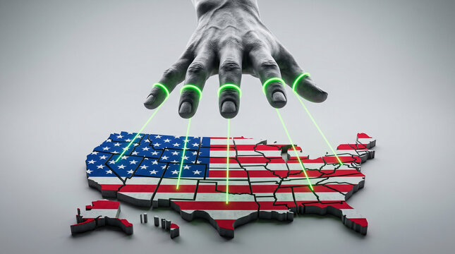 Giant hand with glowing strings manipulating a 3D USA map puzzle, symbolizing political control and cyber security.