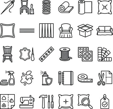 Sewing and tailoring icons set line art style