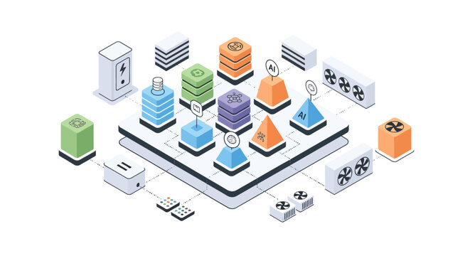 Isometric illustration of database management system.