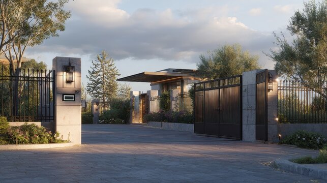 Modern luxury residential gated entrance with stone pillars and metal fence at sunset