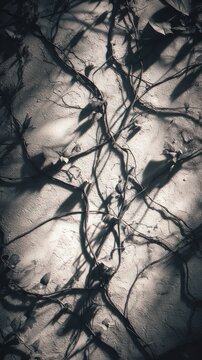 Overgrown ivy vines cast dramatic shadows on a textured wall