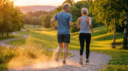 Obraz premium A fit couple enjoys a healthy lifestyle running together in a sun-drenched park during golden hour