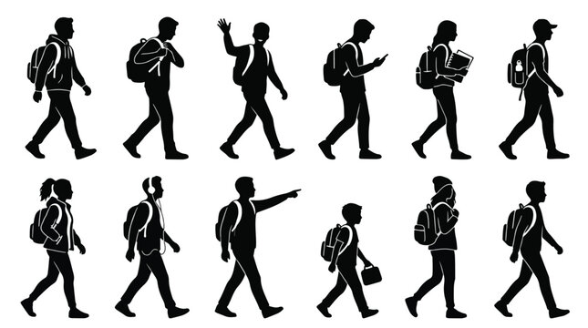 Student silhouette icon set containing school backpack walking student group university education college youth campus teenage editable line icons vector illustration