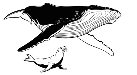 Humpback Whale and Seal Illustration - Marine Life Line Art © siti