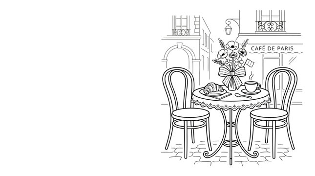 Parisian street cafe terrace sketch with table and chairs.