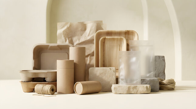 Eco-friendly bamboo and recycled paper products arranged in a stylish, sustainable composition for packaging and home organization.