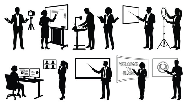 Online education and business presentation silhouette icon set containing editable line icons for remote learning and digital webinar pro vector illustration graphic