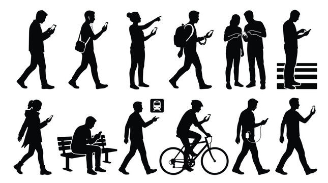 People using mobile phone silhouette collection with smartphone addiction icons walking sitting biking and traveling isolated on white background vector illustration