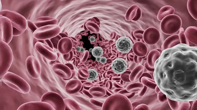 Microscopic view of blood cells and abnormal cells circulating in a blood vessel.