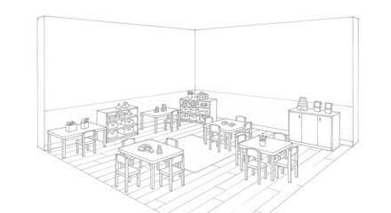 Obraz premium Detailed sketch of a cafe interior with tables and chairs.