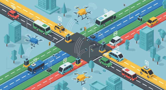 A busy city intersection with various vehicles.
