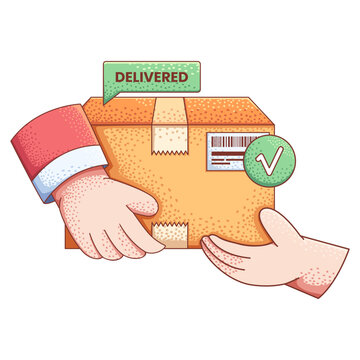 illustration of a courier handing a cardboard package box to a customer, accompanied by a checkmark indicating a successful delivery.