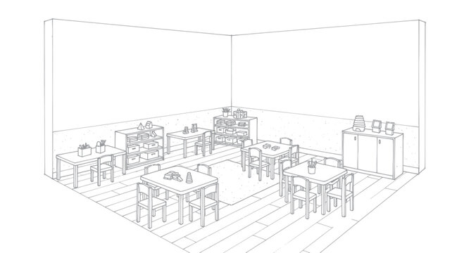 Detailed sketch of a cafe interior with tables and chairs.
