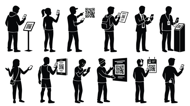 QR code scanning silhouettes icon set containing people using mobile phone for menu payment and digital information access editable line icons vector illustration ux