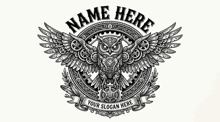 Fototapeta premium Steampunk Owl Emblem with Wings and Gear Details