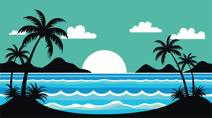 Obraz premium A beautiful tropical island beach landscape with palm tree silhouettes against a sunset ocean sky vector illustration for your summer vacation paradise design