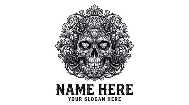 Ornate Skull and Rose Logo Design