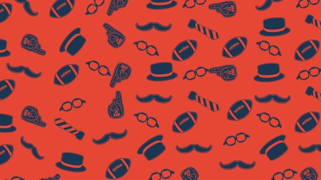 Father&rsquo;s Day Sports Pattern Animation. Looping animated 4K background featuring footballs, foam fingers, hats, mustaches, ties, and glasses in a playful seamless sports-themed design.