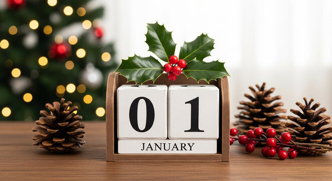 New Year's decoration with calendar, holly, pine cones and Christmas tree