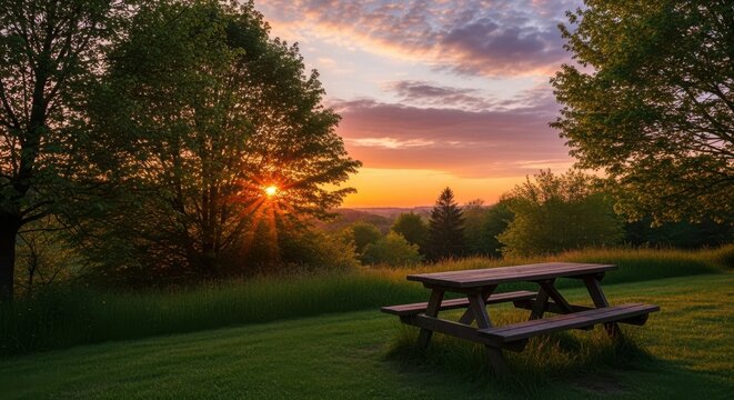 Serene picnic area at sunset