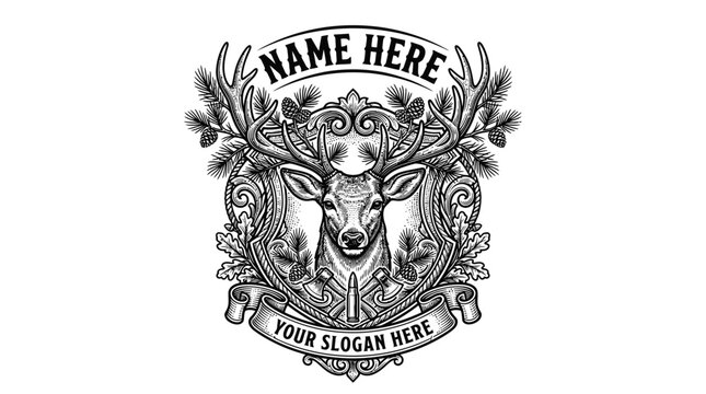 Deer Head Emblem with Ornate Swirls and Nature Elements