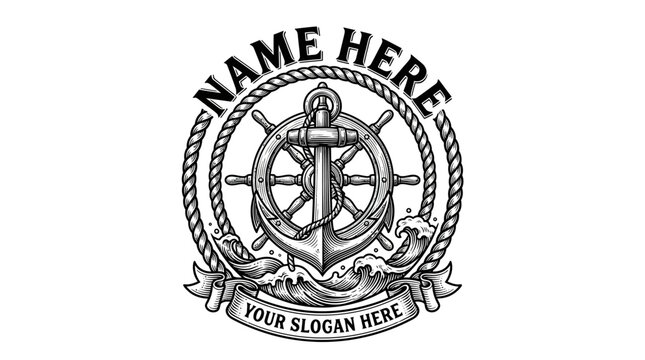 Nautical Emblem With Anchor Ship Wheel Rope and Waves