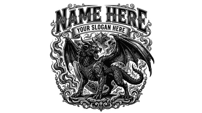 Fierce Dragon With Wings Fire And Custom Text