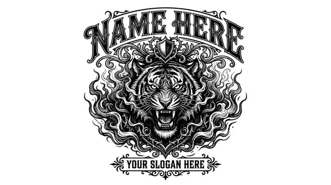 Fierce Tiger Head With Ornate Flames and Text Placeholders