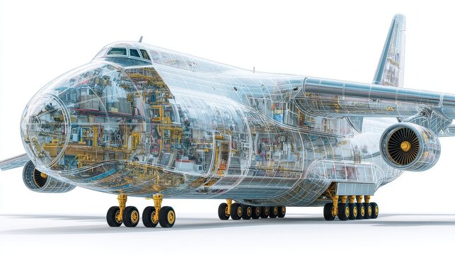 Transparent wireframe cross section of a large cargo airplane showing internal mechanical structure and engine components