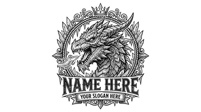 Fierce Dragon Head Emblem with Ornate Border and Space for Text