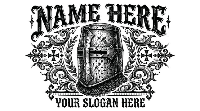 Medieval Knight Helmet Emblem with Ornamental Flourishes and Placeholder Text "Name Here"