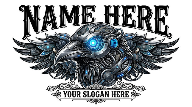Steampunk Mechanical Crow Emblem With Name and Slogan Placeholders