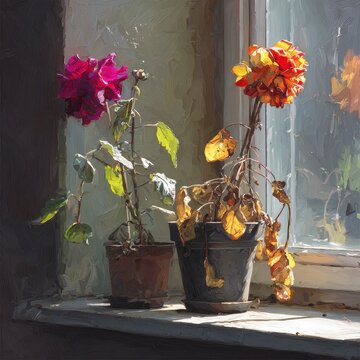 Two potted flowers with vibrant red and orange petals sitting on a sunlit windowsill