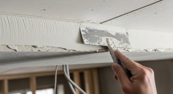 Hand applying plaster wall renovation repairing surface with putty knife tool