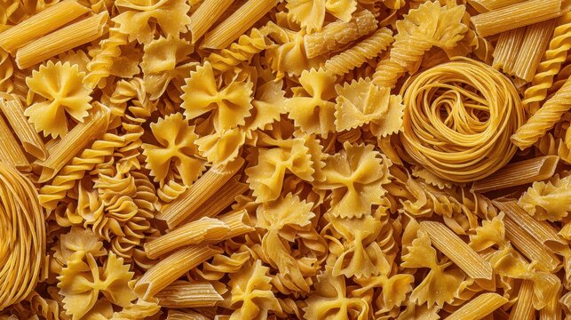 Vibrant assorted dry Italian pasta shapes background
