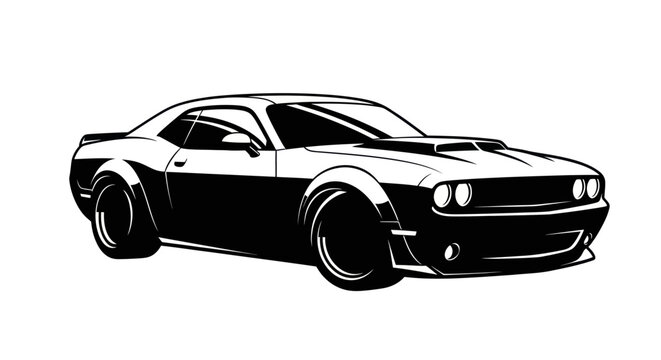 Modern Muscle Car Silhouette, Black and White Vector Art