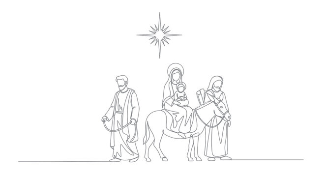 Nativity Scene Line Art: Mary, Jesus, Joseph, Donkey and Star of Bethlehem