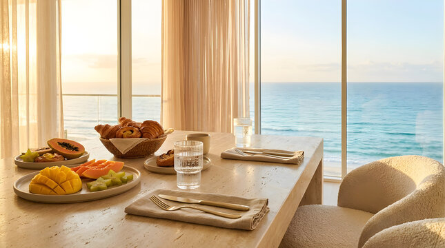 Modern seaside dining table set with breakfast food overlooking a serene ocean view for a peaceful morning meal.