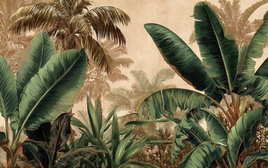 Fototapeta premium Vintage tropical botanical mural with palm and banana leaves