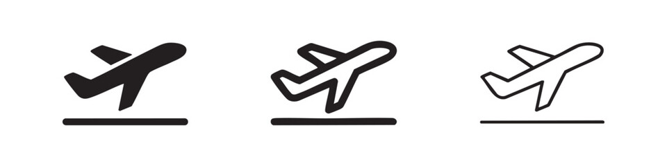 Airplane Take Off Icon Set: Flight Departure and Aviation Symbol in Glyph, Line, and Outline Styles. © liubomir118809
