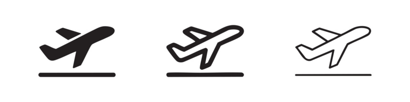 Airplane Take Off Icon Set: Flight Departure and Aviation Symbol in Glyph, Line, and Outline Styles.