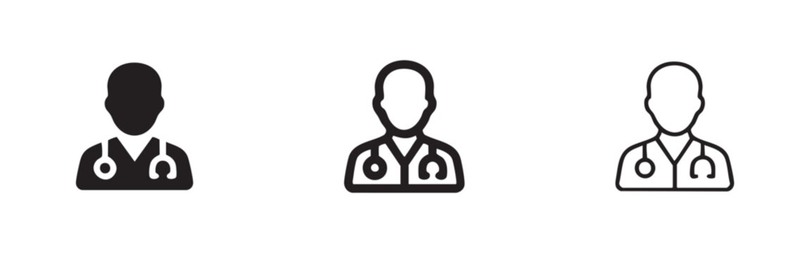 Doctor or medical professional icon with stethoscope in solid, bold outline, and thin line art styles, isolated on white background.