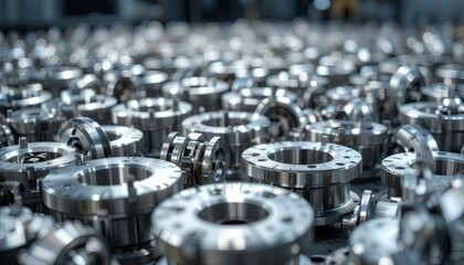 Naklejka premium A large collection of shiny metal industrial parts with holes and bolts, organized in a factory setting with many similar components