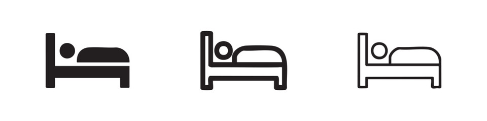 Fototapeta na wymiar Single bed with person sleeping icon set, representing rest and accommodation in various styles