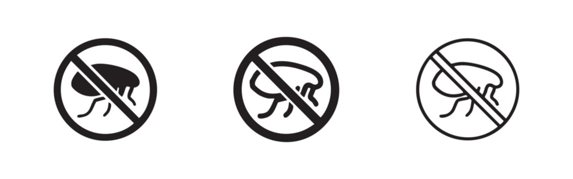 No Flea sign icon set, with forbidden symbols for pest control and animal health prevention