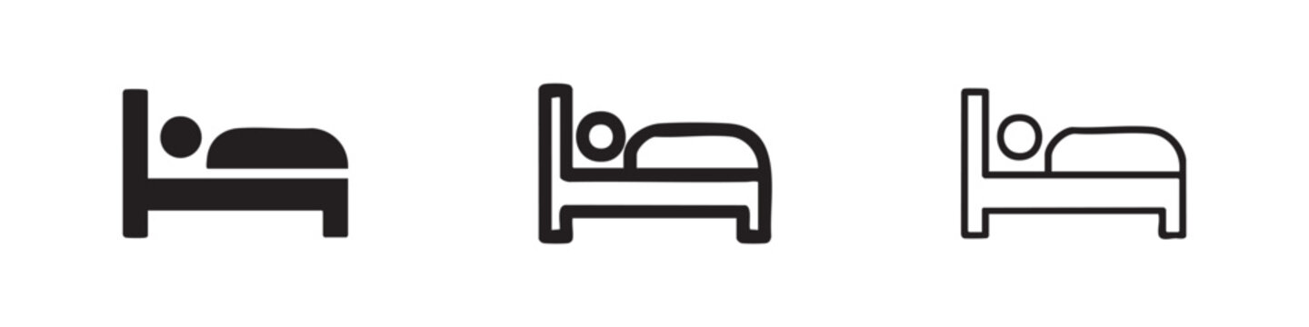 Single bed with person sleeping icon set, representing rest and accommodation in various styles